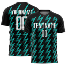 Laden Sie das Bild in den Galerie-Viewer, Custom Black White-Aqua Zigzag Shape Sublimation Soccer Uniform Jersey
