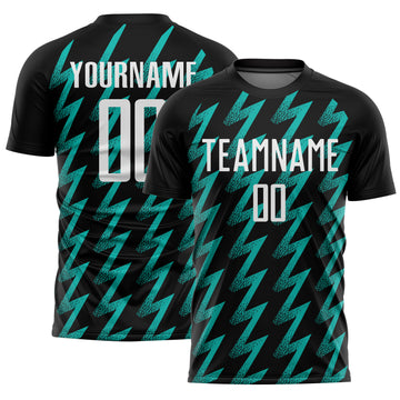 Custom Black White-Aqua Zigzag Shape Sublimation Soccer Uniform Jersey
