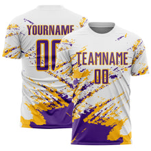 Laden Sie das Bild in den Galerie-Viewer, Custom White Purple-Gold Abstract Fragment Art Splash Sublimation Soccer Uniform Jersey
