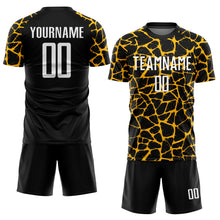 Charger l&#39;image dans la galerie, Custom Black White-Gold Abstract Network Splash Sublimation Soccer Uniform Jersey
