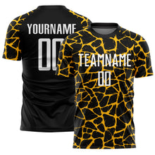 Charger l&#39;image dans la galerie, Custom Black White-Gold Abstract Network Splash Sublimation Soccer Uniform Jersey
