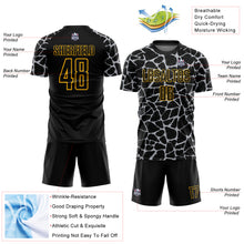 Charger l&#39;image dans la galerie, Custom Black Gray-Gold Abstract Network Splash Sublimation Soccer Uniform Jersey
