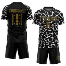 Charger l&#39;image dans la galerie, Custom Black White-Old Gold Abstract Network Splash Sublimation Soccer Uniform Jersey
