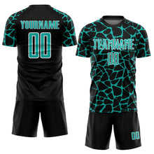 Charger l&#39;image dans la galerie, Custom Black Aqua-White Abstract Network Splash Sublimation Soccer Uniform Jersey
