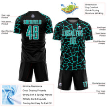 Charger l&#39;image dans la galerie, Custom Black Aqua-White Abstract Network Splash Sublimation Soccer Uniform Jersey
