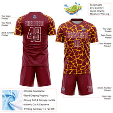 Laden Sie das Bild in den Galerie-Viewer, Custom Crimson Gold-White Abstract Network Splash Sublimation Soccer Uniform Jersey
