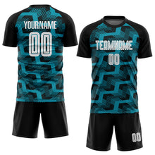 Laden Sie das Bild in den Galerie-Viewer, Custom Black White-Teal Line Sublimation Soccer Uniform Jersey
