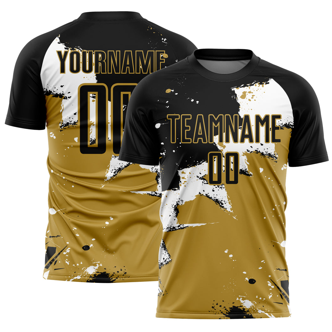 Custom Black White-Old Gold Splash Sublimation Soccer Uniform Jersey