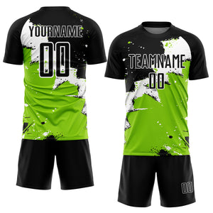 Custom Black White-Neon Green Splash Sublimation Soccer Uniform Jersey