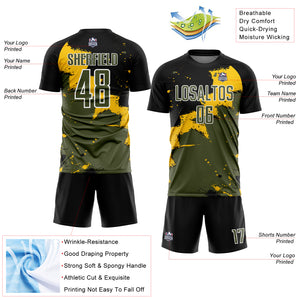 Custom Black Olive-Yellow Splash Sublimation Soccer Uniform Jersey