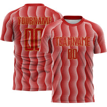 Laden Sie das Bild in den Galerie-Viewer, Custom Red Old Gold-White Geometric Shape Sublimation Soccer Uniform Jersey
