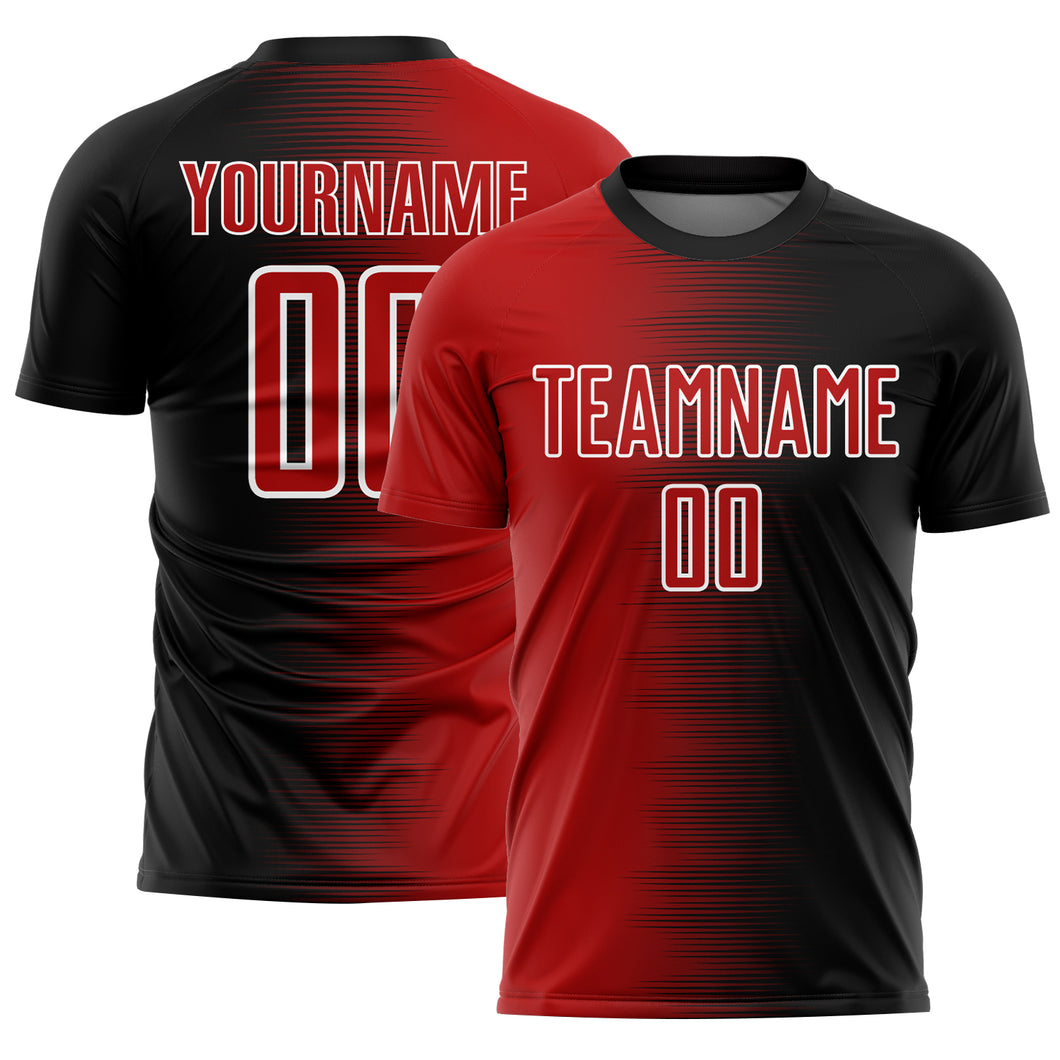 Custom Black Red-White Gradient Line Sublimation Soccer Uniform Jersey