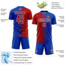 Laden Sie das Bild in den Galerie-Viewer, Custom Thunder Blue Red-White Gradient Line Sublimation Soccer Uniform Jersey
