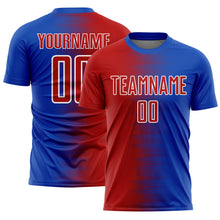 Laden Sie das Bild in den Galerie-Viewer, Custom Thunder Blue Red-White Gradient Line Sublimation Soccer Uniform Jersey
