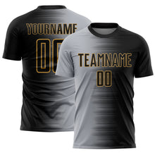 Загрузить изображение в средство просмотра галереи, Custom Black Gray-Old Gold Gradient Line Sublimation Soccer Uniform Jersey
