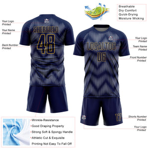 Custom Navy Gray-Old Gold Line Sublimation Soccer Uniform Jersey