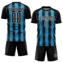 Charger l&#39;image dans la galerie, Custom Black Sky Blue-White Abstract Network Sublimation Soccer Uniform Jersey
