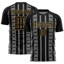 Загрузить изображение в средство просмотра галереи, Custom Black Old Gold-White Geometric Shape Sublimation Soccer Uniform Jersey
