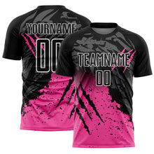 Load image into Gallery viewer, Custom Black Pink-White Gradient Scratch Splash Sublimation Soccer Uniform Jersey
