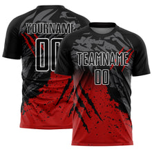 Load image into Gallery viewer, Custom Black Red-White Gradient Scratch Splash Sublimation Soccer Uniform Jersey
