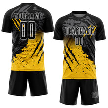 Load image into Gallery viewer, Custom Black Yellow-White Gradient Scratch Splash Sublimation Soccer Uniform Jersey
