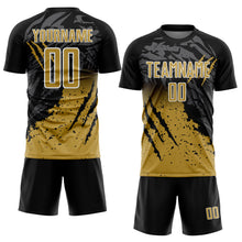 Load image into Gallery viewer, Custom Black Old Gold-White Gradient Scratch Splash Sublimation Soccer Uniform Jersey
