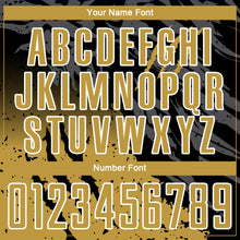 Load image into Gallery viewer, Custom Black Old Gold-White Gradient Scratch Splash Sublimation Soccer Uniform Jersey
