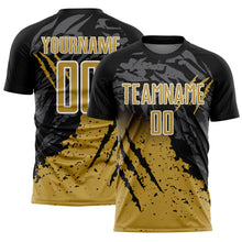 Load image into Gallery viewer, Custom Black Old Gold-White Gradient Scratch Splash Sublimation Soccer Uniform Jersey
