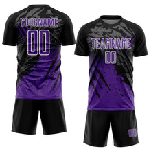Load image into Gallery viewer, Custom Black Purple-White Gradient Scratch Splash Sublimation Soccer Uniform Jersey
