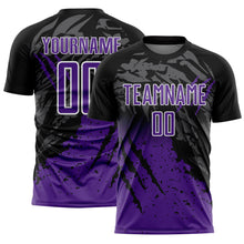 Load image into Gallery viewer, Custom Black Purple-White Gradient Scratch Splash Sublimation Soccer Uniform Jersey

