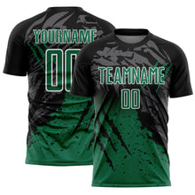 Load image into Gallery viewer, Custom Black Kelly Green-White Gradient Scratch Splash Sublimation Soccer Uniform Jersey

