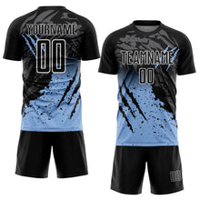 Charger l&#39;image dans la galerie, Custom Black Light Blue-White Gradient Scratch Splash Sublimation Soccer Uniform Jersey
