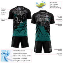 Load image into Gallery viewer, Custom Black Teal-White Gradient Scratch Splash Sublimation Soccer Uniform Jersey
