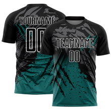 Load image into Gallery viewer, Custom Black Teal-White Gradient Scratch Splash Sublimation Soccer Uniform Jersey
