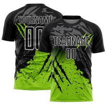 Load image into Gallery viewer, Custom Black Neon Green-White Gradient Scratch Splash Sublimation Soccer Uniform Jersey
