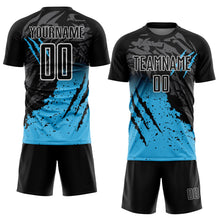Laden Sie das Bild in den Galerie-Viewer, Custom Black Sky Blue-White Gradient Scratch Splash Sublimation Soccer Uniform Jersey
