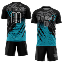 Load image into Gallery viewer, Custom Black Teal-White Gradient Scratch Splash Sublimation Soccer Uniform Jersey
