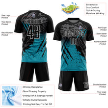 Load image into Gallery viewer, Custom Black Teal-White Gradient Scratch Splash Sublimation Soccer Uniform Jersey
