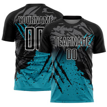 Load image into Gallery viewer, Custom Black Teal-White Gradient Scratch Splash Sublimation Soccer Uniform Jersey
