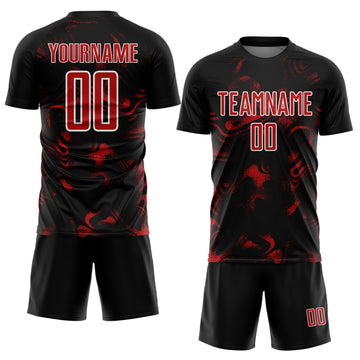 Custom Black Red-White Abstract Liquid Sublimation Soccer Uniform Jersey
