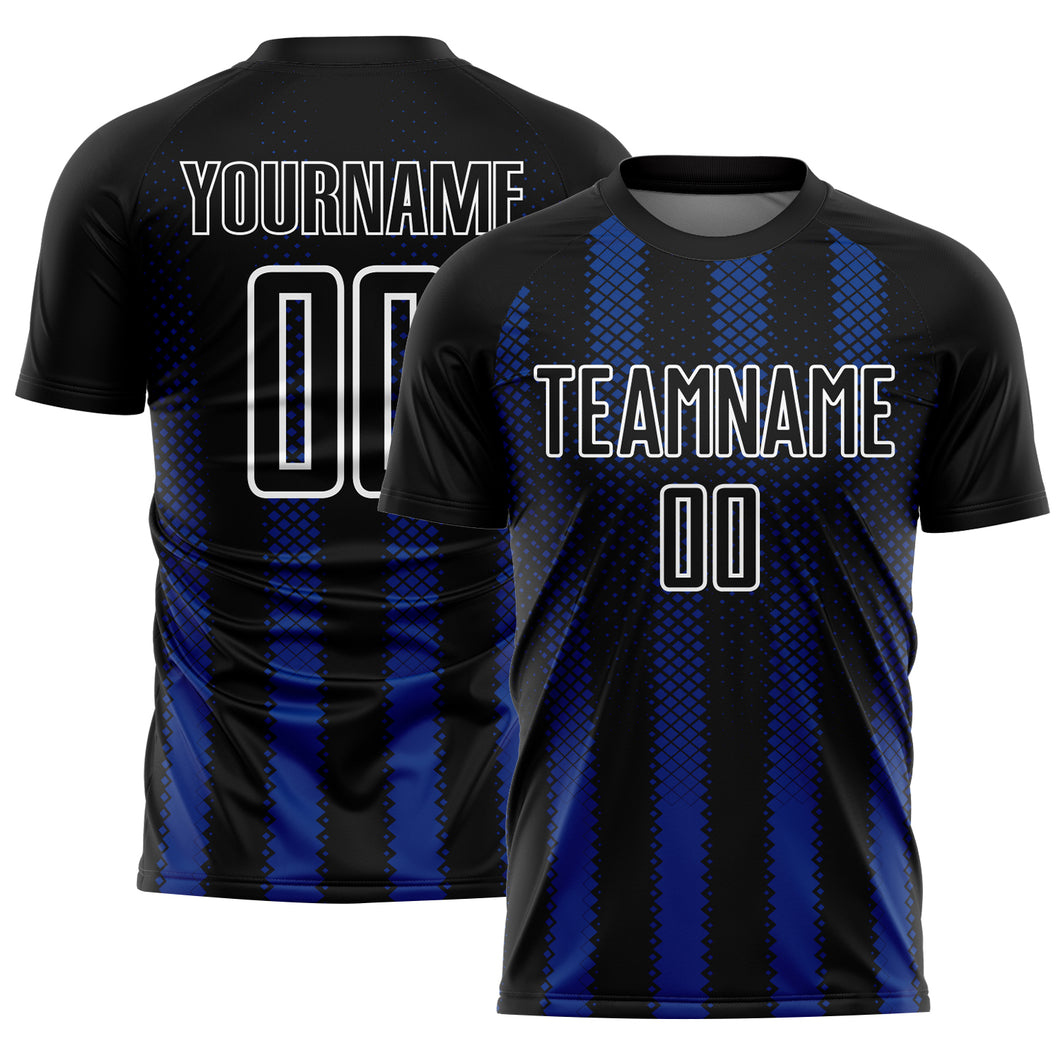 Custom Black Royal-White Geometric Shape Sublimation Soccer Uniform Jersey