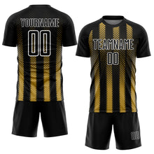 Load image into Gallery viewer, Custom Black Old Gold-White Geometric Shape Sublimation Soccer Uniform Jersey
