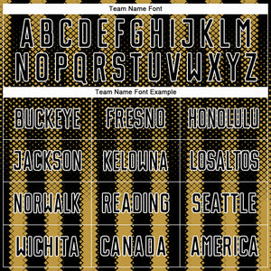 Custom Black Old Gold-White Geometric Shape Sublimation Soccer Uniform Jersey