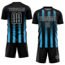 Laden Sie das Bild in den Galerie-Viewer, Custom Black Sky Blue-White Geometric Shape Sublimation Soccer Uniform Jersey
