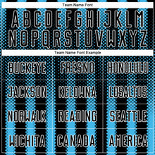 Laden Sie das Bild in den Galerie-Viewer, Custom Black Sky Blue-White Geometric Shape Sublimation Soccer Uniform Jersey
