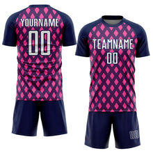Загрузить изображение в средство просмотра галереи, Custom Navy White-Pink Geometric Shape Sublimation Soccer Uniform Jersey
