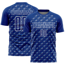 Laden Sie das Bild in den Galerie-Viewer, Custom Royal White Geometric Shape Sublimation Soccer Uniform Jersey
