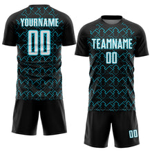 Charger l&#39;image dans la galerie, Custom Black White-Lakes Blue Geometric Shape Sublimation Soccer Uniform Jersey
