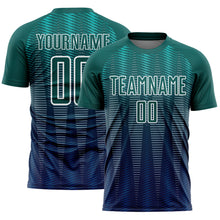 Laden Sie das Bild in den Galerie-Viewer, Custom Neon Green Navy-White Gradient Line Sublimation Soccer Uniform Jersey
