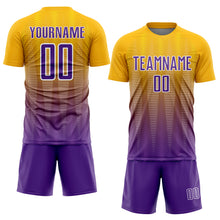 Laden Sie das Bild in den Galerie-Viewer, Custom Gold Purple-White Gradient Line Sublimation Soccer Uniform Jersey
